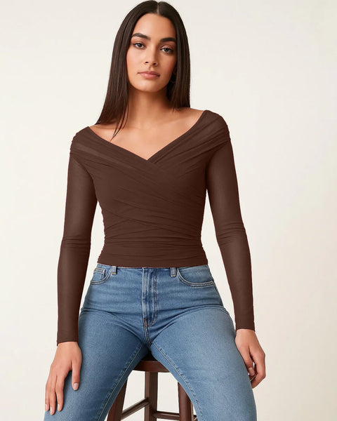 Sheer Mesh Long Sleeve Ruched Wrap Top In Coco Brown On Model For Women | Littlebox India