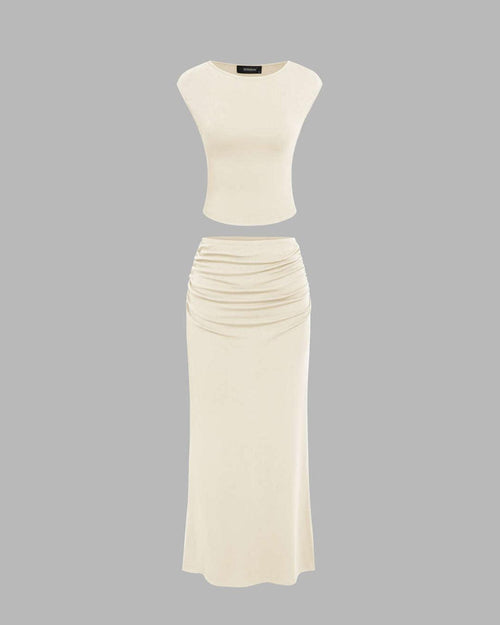 Sleeveless Crop Tank Top & Ruched Maxi Skirt In Off White Front View For Women | Littlebox India