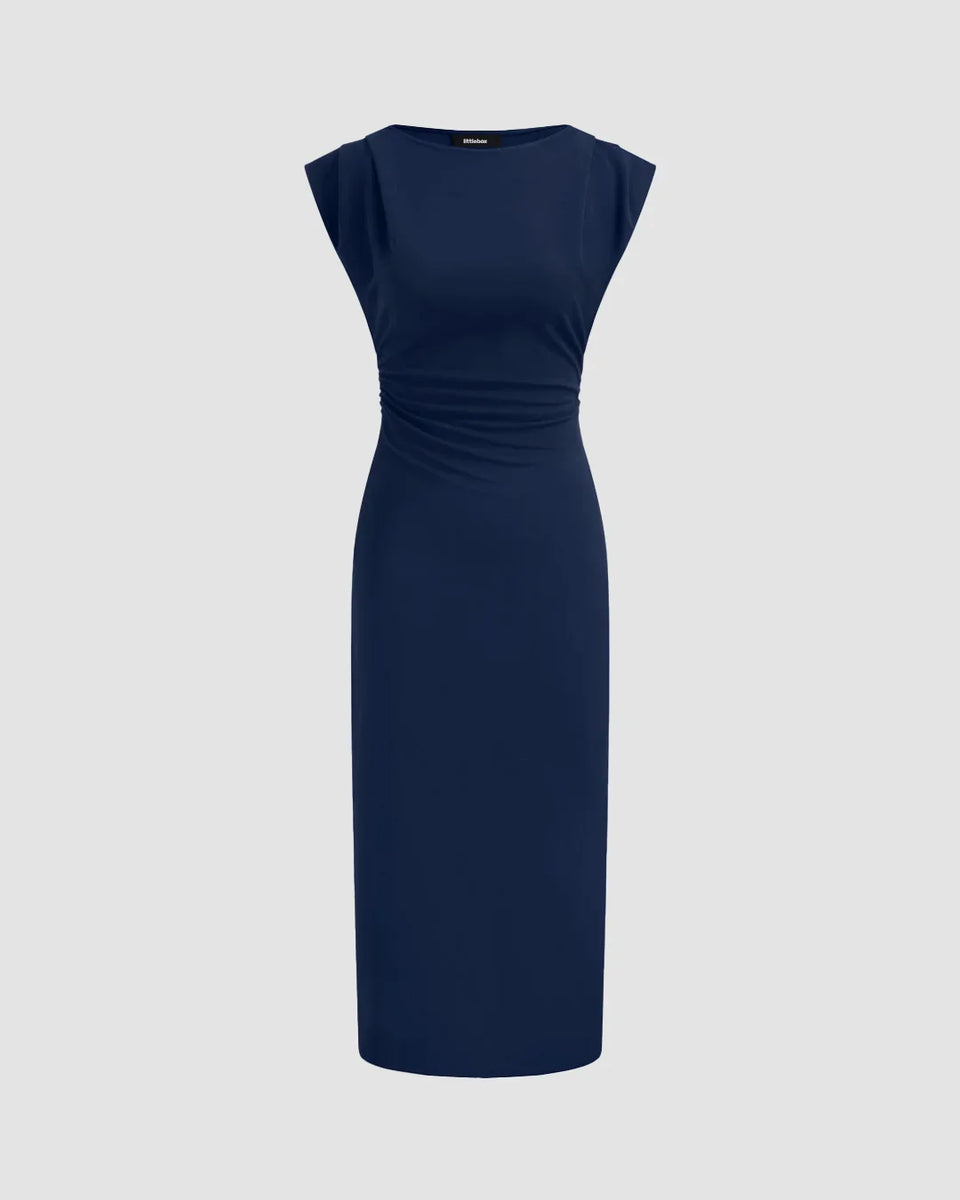Navy Blue Ruched Bodycon Midi Dress