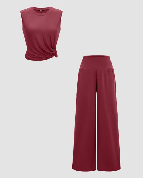 Sleeveless Twist Front Top and Wide Leg Pants Co-Ord Set in Maroon Front View For Women | Littlebox India