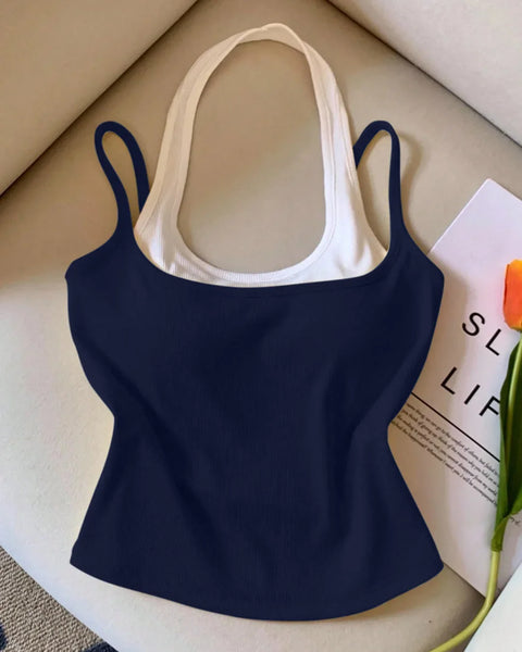 Front view of Navy blue slim-fit tank top with straight hem and sleeveless design, featuring a smooth finish and clean fitted silhouette