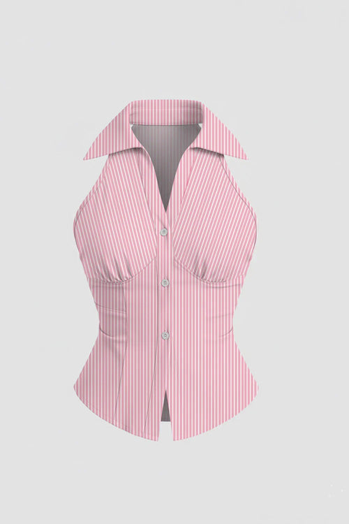 Front view of Chic pink sleeveless top with a fitted silhouette and button front, ideal for summer styling and effortless everyday outfits.