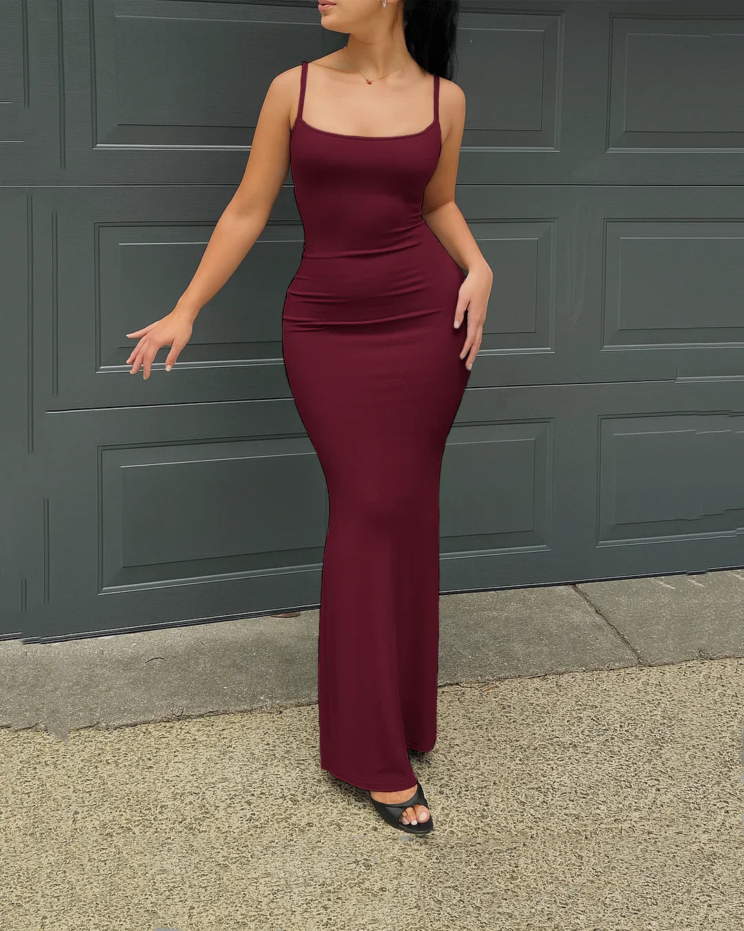 merlot-colored fitted dress with spaghetti straps Poplin Corset Maxi Dress-Wine M