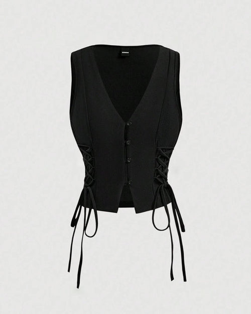 Solid Color Cross Tie Strap Black Side Strap Crop Tank Top In Black Front View For Women | Littlebox India