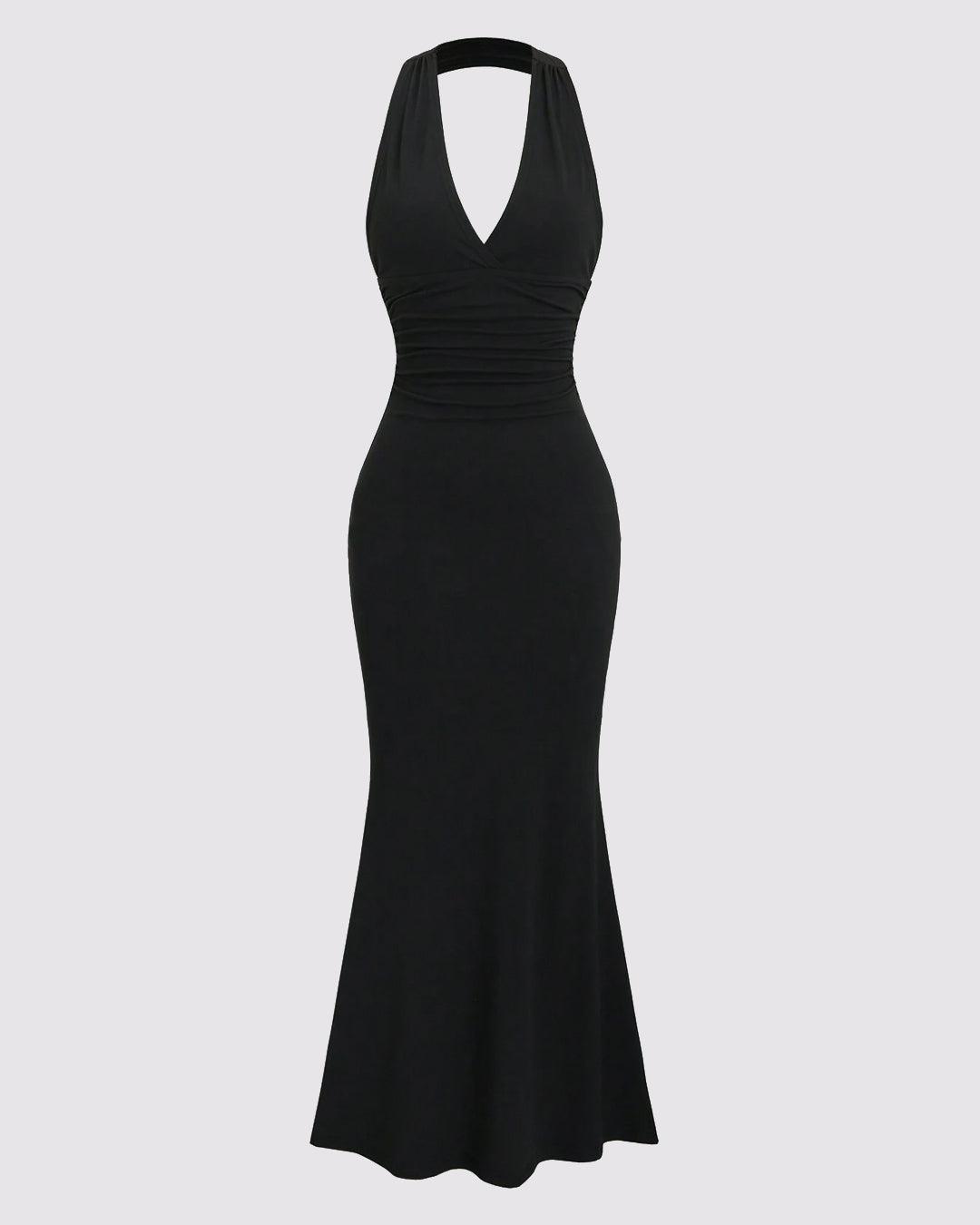 Solid Color Halter Backless Black Mermaid Dress - Littlebox India Solid Color Halter Backless Black Mermaid Dress - Littlebox India
