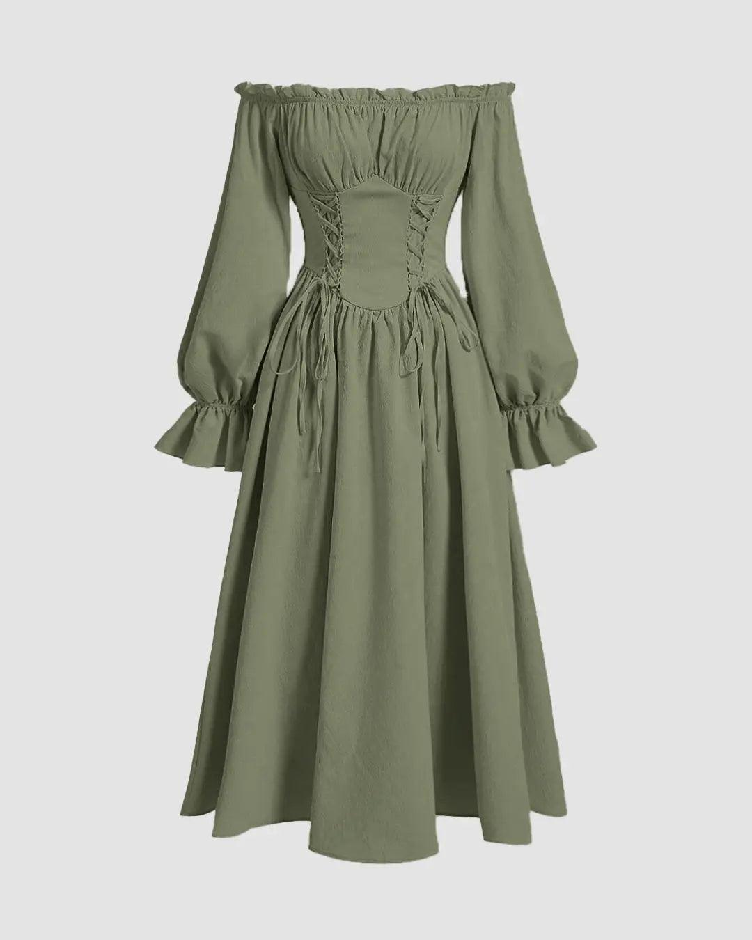 Solid Color Off-Shoulder Dress In Herbal Green - Littlebox India