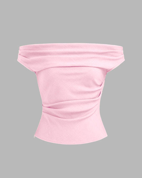 Front view of Solid baby pink off-the-shoulder top with a ruched design, showcasing a stylish and feminine silhouette