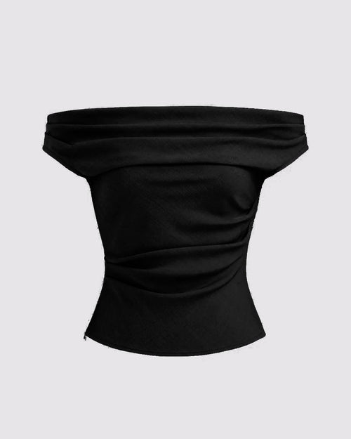 Solid black off-the-shoulder top with a ruched design, showcasing a stylish and feminine silhouette