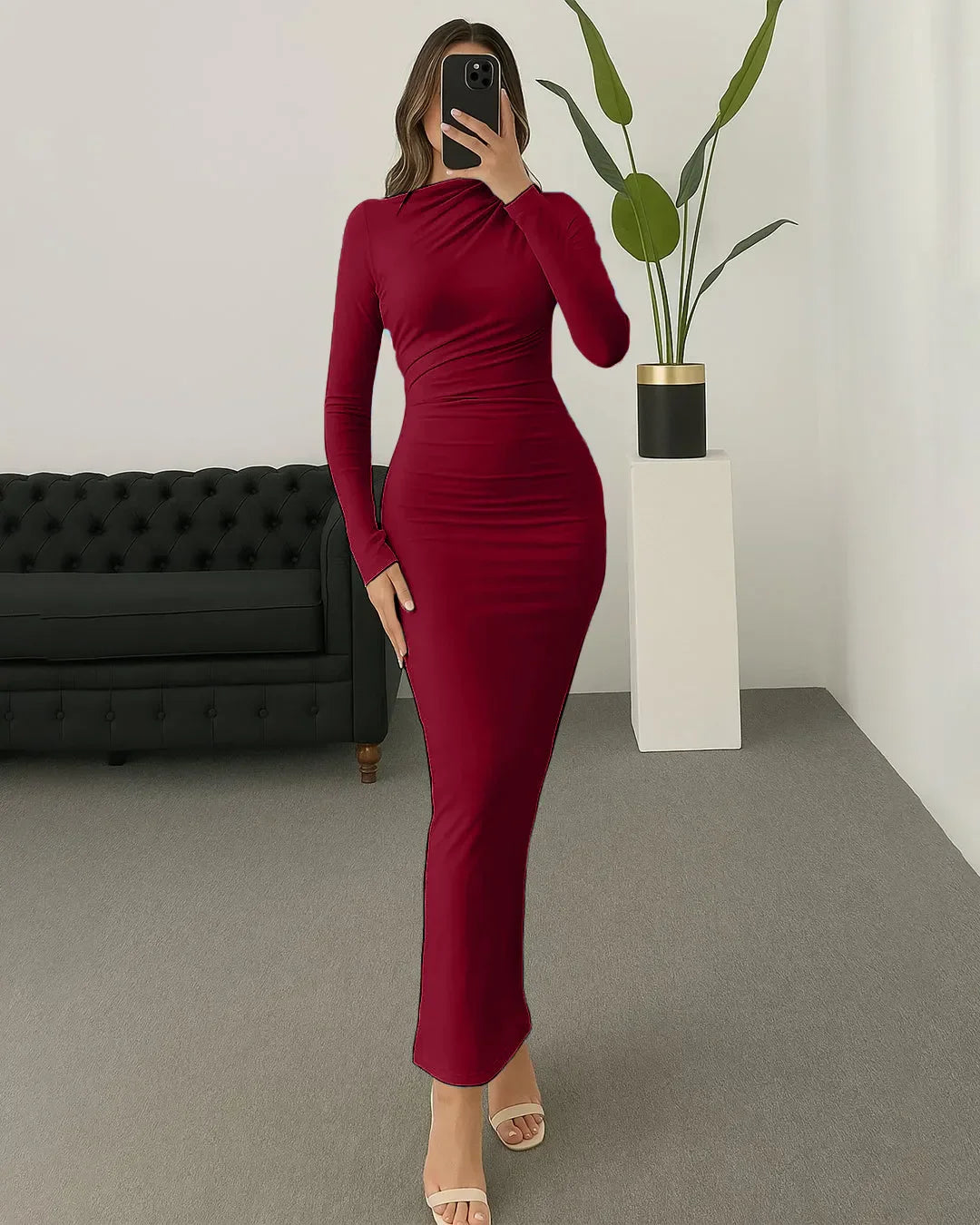 Long Sleeve Pleated Bodycon Dress In Redberry - Littlebox India Long Sleeve Pleated Bodycon Dress In Redberry - Littlebox India