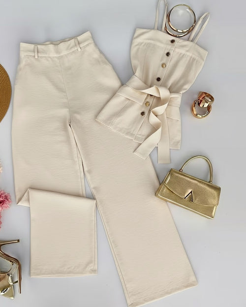 Solid Color Strappy Top and Long Pants Two Piece Set in Beige Front View for Women | Littlebox India