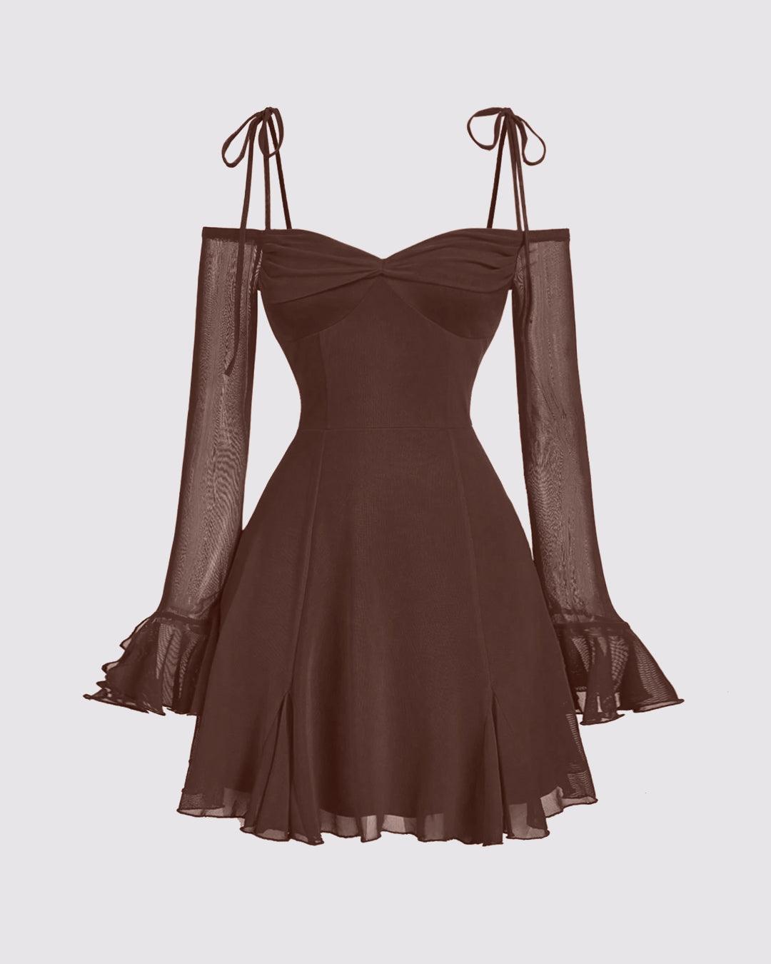 V-Neck Bow Tie Waist Dress In Chocolate Brown - Littlebox India V-Neck Bow Tie Waist Dress In Chocolate Brown - Littlebox India