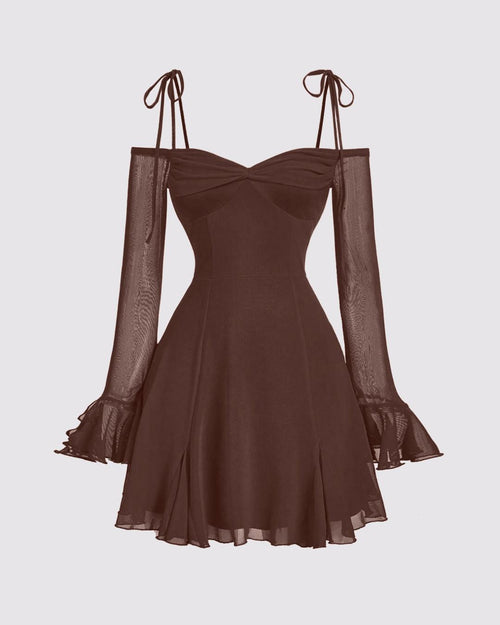 A chocolate brown dress featuring ruffled sleeves and a v-neck, accented with a bow tie at the waist.