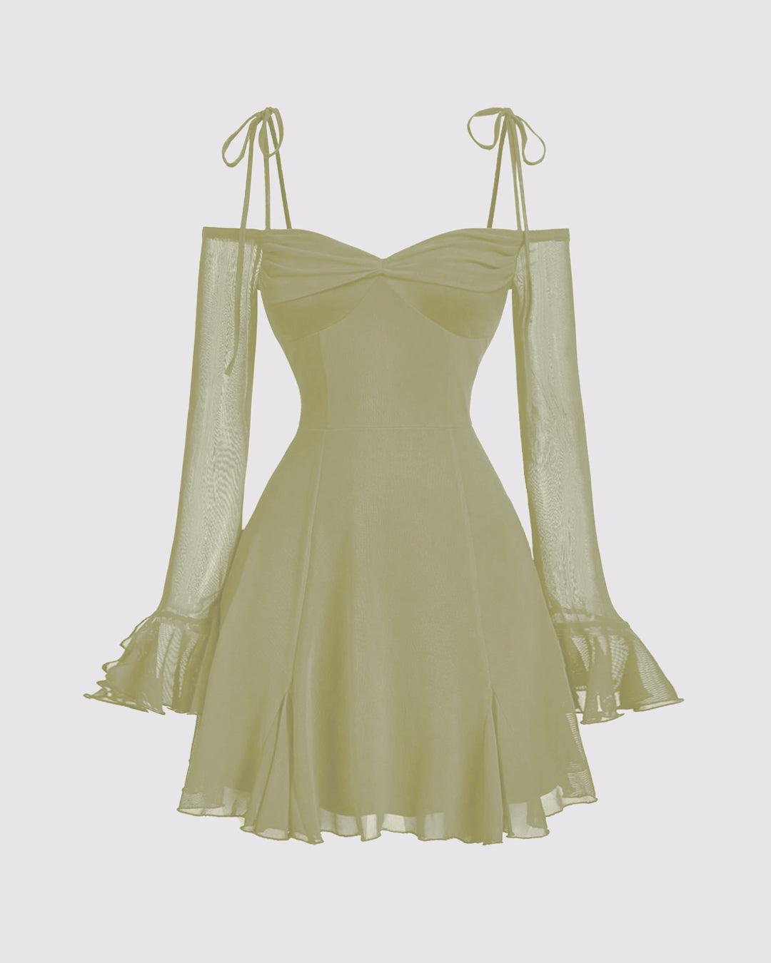 Solid Color V-Neck Bow Tie Waist Dress In Herbal Green