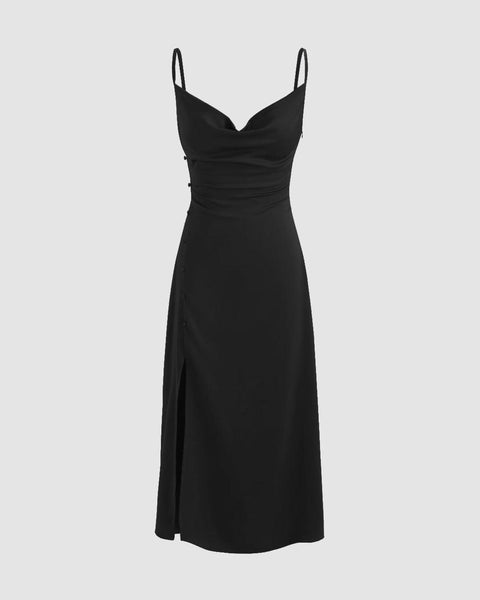 Cowl Neck Slim Fit Midi Dress in Black Front View for Women | Littlebox India