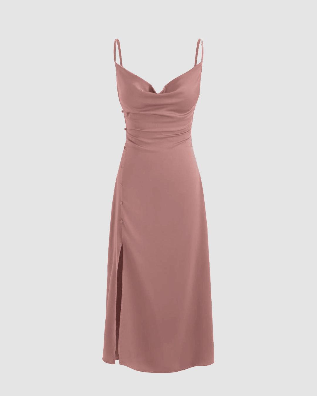 Cowl Neck Midi Dress with Slit in Solid Peach - Littlebox India Cowl Neck Midi Dress with Slit in Solid Peach - Littlebox India