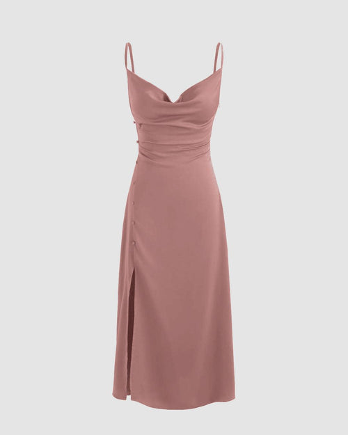 Elegant cowl neck slit midi dress in peach with a sleek and minimalist design