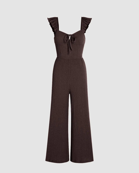 Solid Cropped Sleeveless Dark Brown Jumpsuit Front View for Women | Littlebox India