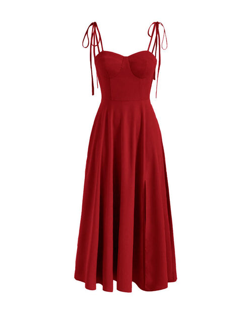 Red cami midi dress with tie shoulder straps, fitted bust and flowing skirt, shown front and back on white background.