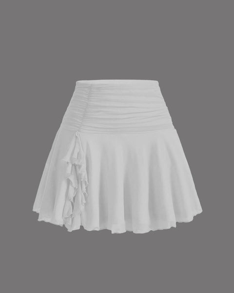 A stylish skirt featuring a ruffled hem, displayed against a soft gray background