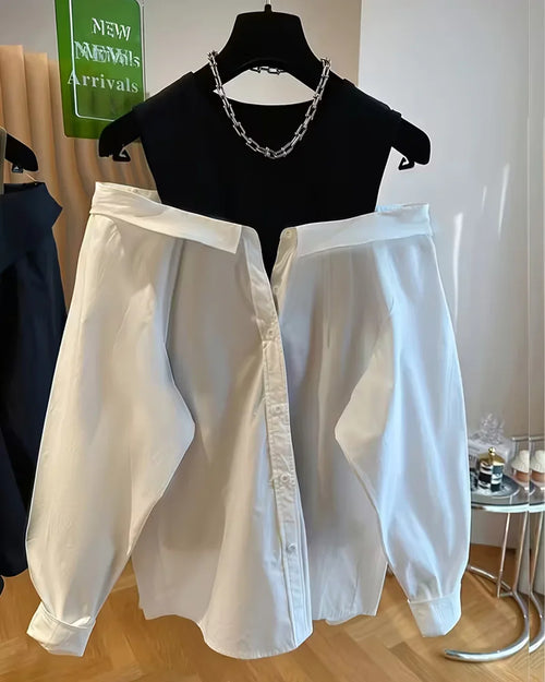 Front view of Stylish off shoulder white round neck top with button front and puff sleeves for casual and party outfits wear.