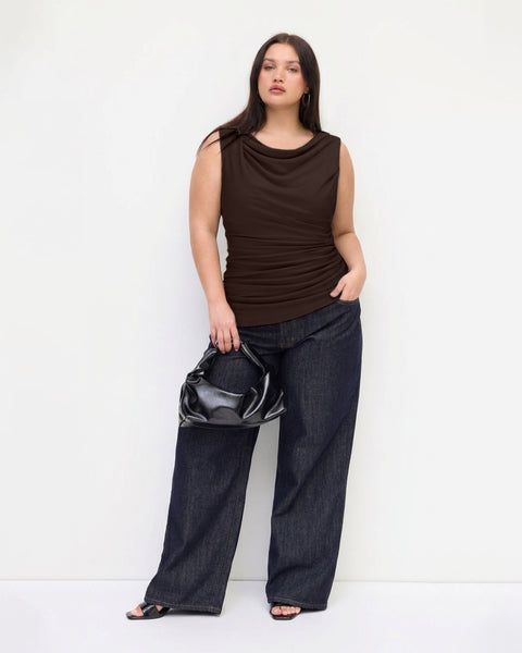 Solid Ruched Round Neck Crop Top Curve and Plus In Chocolate Brown On Front View for Women | Littlebox India