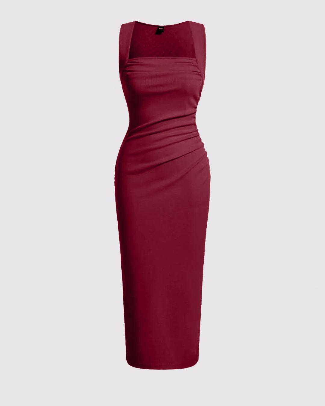 Solid Ruched Sleeveless Ribbed Knit Dress In Cherry Red - Littlebox India Solid Ruched Sleeveless Ribbed Knit Dress In Cherry Red - Littlebox India