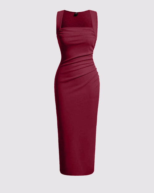 stretchy solid burgundy sleeveless dress in ribbed knit
