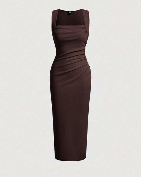 Solid Ruched Sleeveless Ribbed Knit Dress In Chocolate Brown Front View for Women | Littlebox India