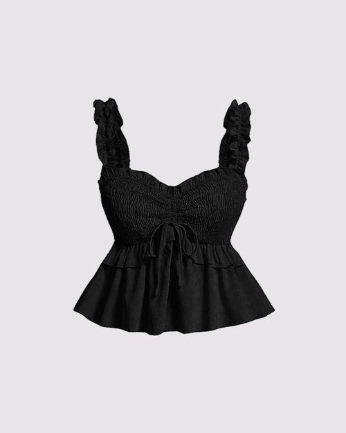 Solid Ruffle Front Tie Bow Sleeveless Black Crop Top Front View For Women | Littlebox India