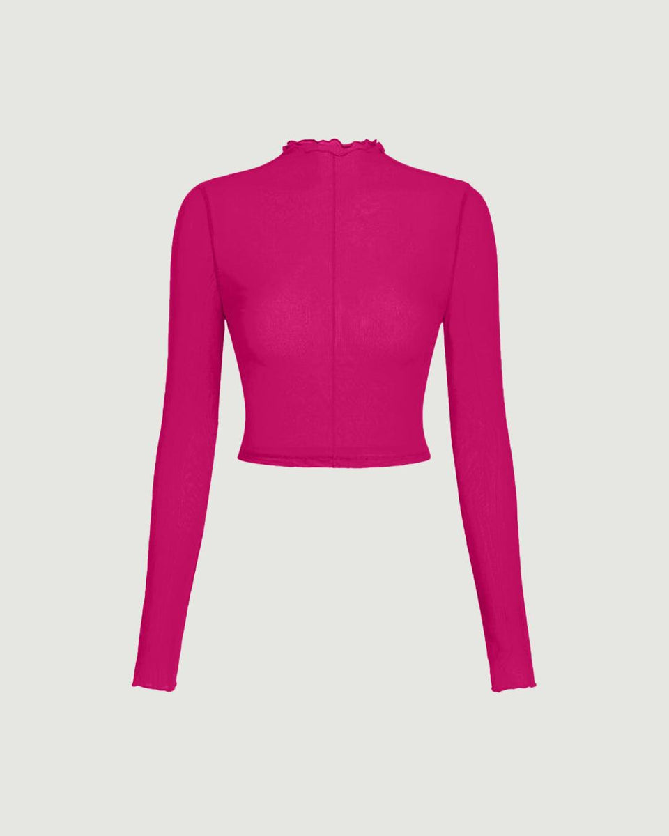 Solid Ruffle Turtleneck Lettuce Trim Long Sleeve Hot Pink Top