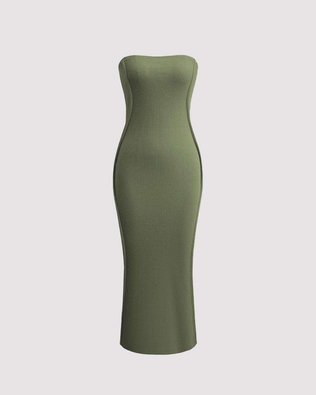 Solid Strapless Green Midi Dress - Littlebox India Solid Strapless Green Midi Dress - Littlebox India