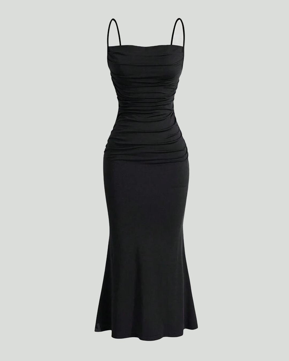 Spaghetti Strap Ruched Bodycon Corset Maxi Dress In Black Spaghetti Strap Ruched Bodycon Corset Maxi Dress In Black