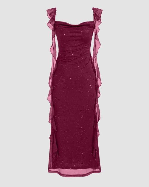 Front view of Maroon square-neck bodycon midi dress with sheer ruffle straps and subtle shimmer, shown front and back.
