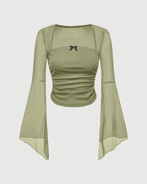 Front view of Green long sleeve top with bell sleeves and square neck, featuring a decorative bow detail.