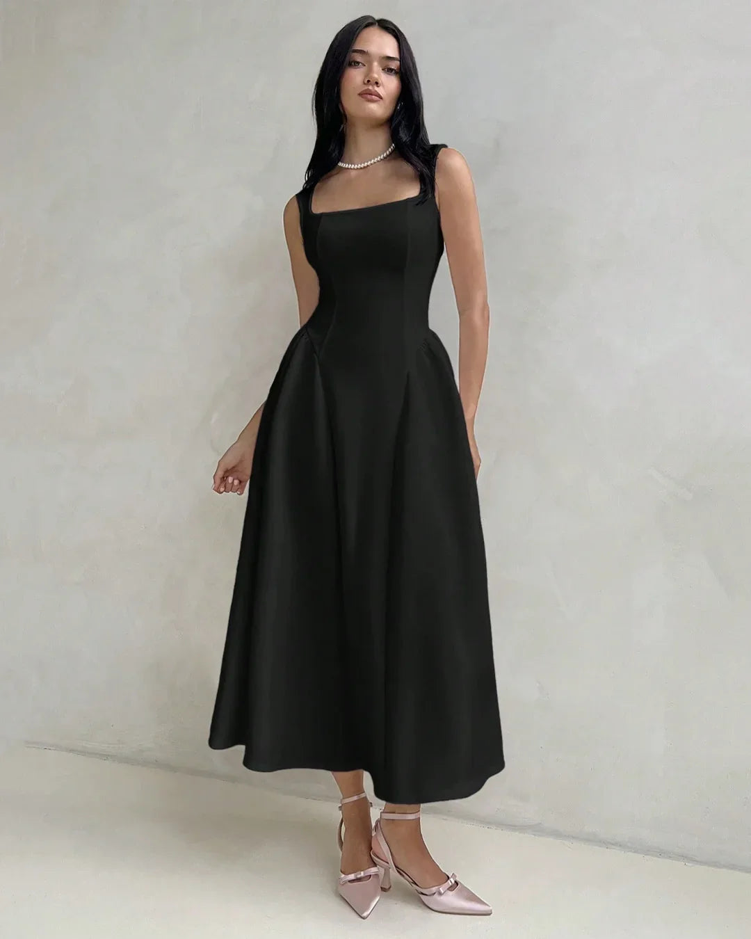 knee length dresses for ladies Black Square Neck Fit & Flare Midi Dress – Littlebox India