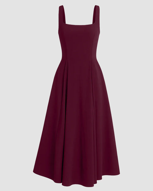 Burgundy square neck fit and flare maxi dress, showcasing a stylish silhouette and elegant design.