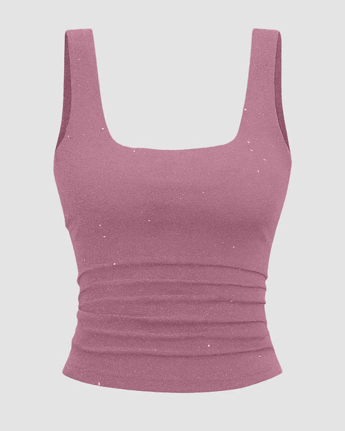 Square Neck Ruched Tank Top in Pink Front View For Women | Littlebox India
