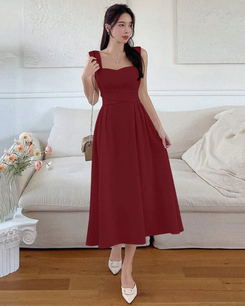 Front view of Maroon square neck sleeveless sundress midi dress with fitted bodice and flowy skirt, featuring a flattering silhouette