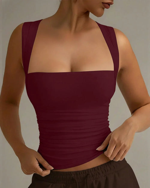 Women wearing Maroon square neck sleeveless tank top with slim fit and straight hem, featuring a smooth fitted silhouette