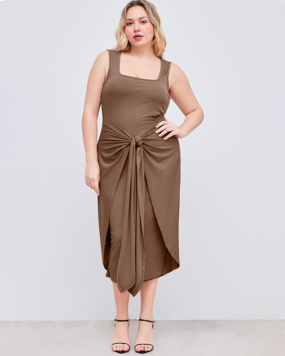Square Neck Solid Twist Knotted Brown Maxi Dress Curve & Plus