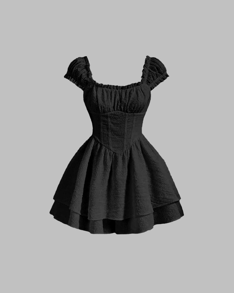 Textured Waist-Cinching Black Dress