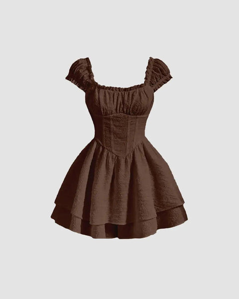 Brown Short Dress with Puff Sleeves in Chocolate Brown Front View for Women | Littlebox India