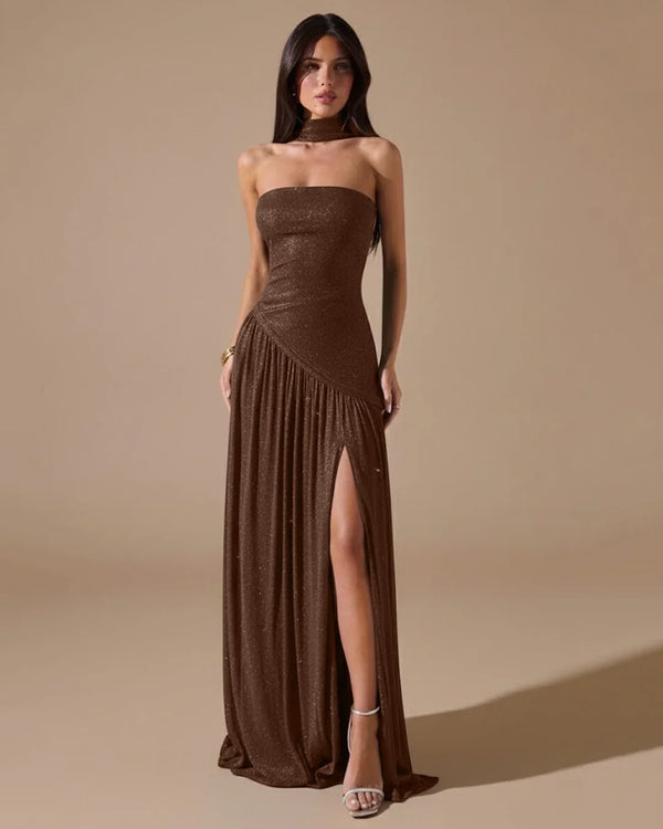 live action maxi dress brown Brown Strapless High Slit Maxi Dress – Littlebox India
