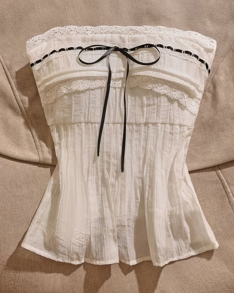 White Strapless Lace Ribbon Bow Top – Littlebox India