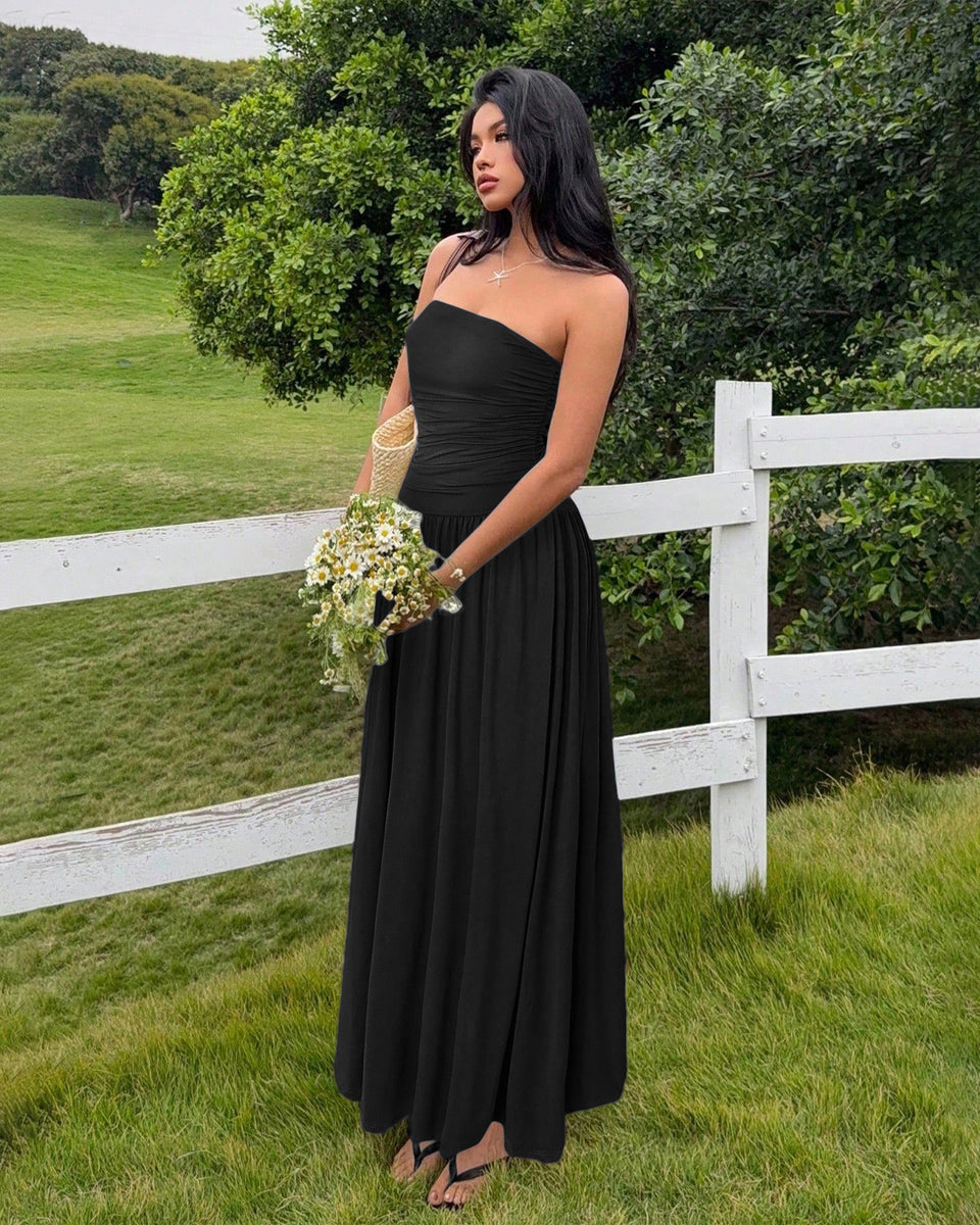 Strapless Ruched Maxi Dress in Black- Littlebox India