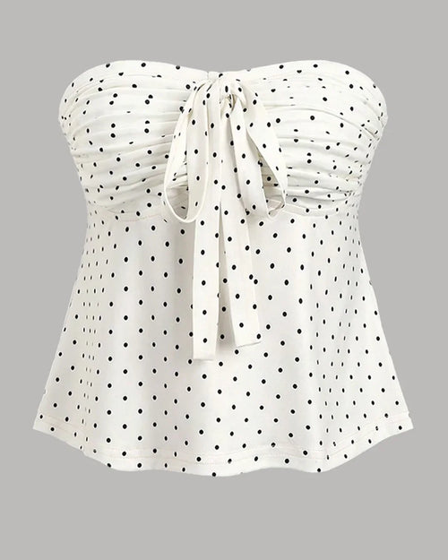 Strapless Ruched Polka Dot Tie-Up Top in White and Black Front View For Women | Littlebox India