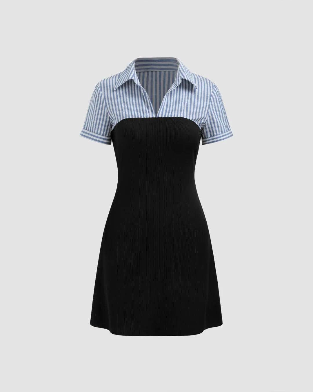 Striped Blue Shirt Collar Black Mini Dress - Littlebox India Striped Blue Shirt Collar Black Mini Dress - Littlebox India