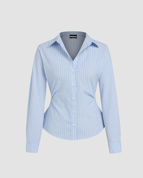 Front view of Women's long sleeve blue and white striped shirt with a collar
