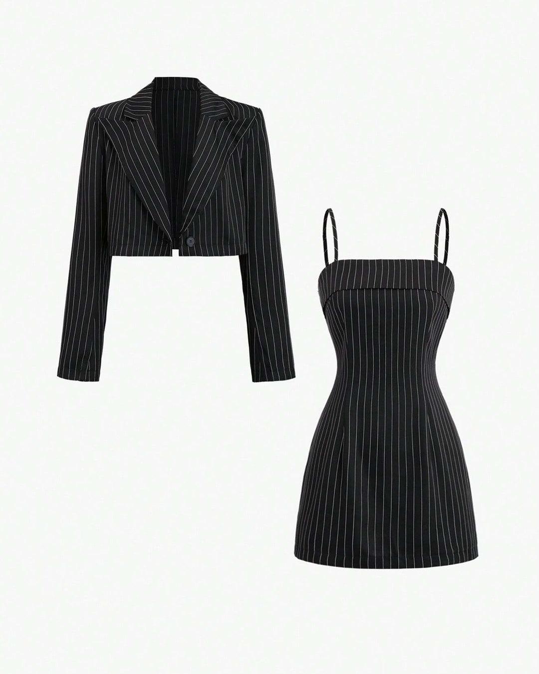 Striped Shirt & Spaghetti Strap Dress Set Striped Shirt & Spaghetti Strap Dress Set