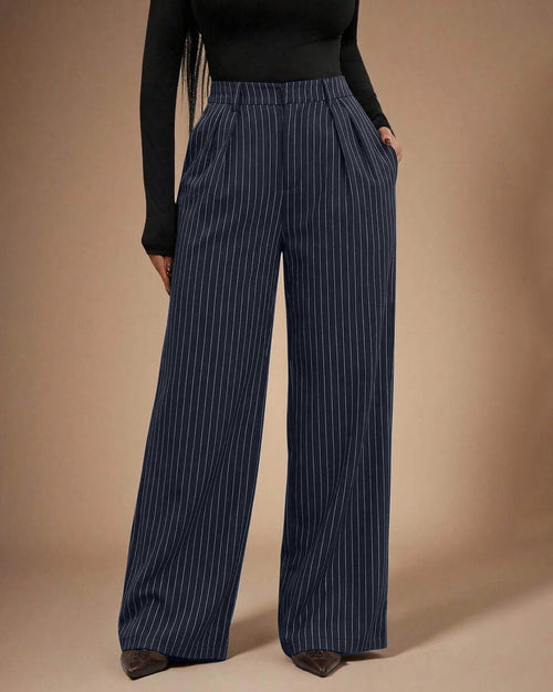 Striped Suit Pants High Waist Trousers in Navy Blue Front View For Women | Littlebox India